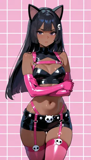 lillie from pokemon, This is a digital anime-style drawing of a slender, pale-skinned woman with long black hair and cat ears. She wears a black crop top with a skull emblem, revealing her midriff and small breasts. Her outfit includes a harness with a belt, pink thigh-high stockings, and matching pink gloves. She stands confidently with crossed arms against a checkerboard background of purple and white squares. Her expression is stern and determined.