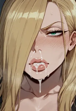 (Ratatatat74), (Olivier Mira Armstrong from Fullmetal Alchemist, thick lips, annoyed look), cum, cum in mouth, cum in nose, <lora:ratatatat74-000050:.8>