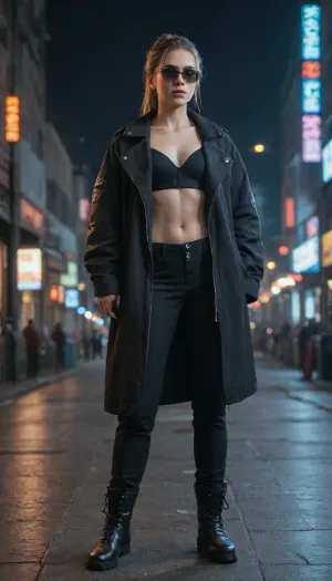 1 girl, solo, standing, black sunglasses, light hair tied back in a ponytail, an unzipped black coat, slightly parted lips, black background, cyberpunk, black boots, black trousers, tall stature, close‑up shot, city background, night