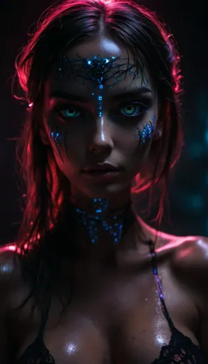 (extremely feminine robot, gorgeous cutie cyborg), (((incredibly young robotic hottie is mind controlled, extremely horny))), neon pink, black light, phosphorescent, (hair half up half down), (((neon lace))), (detailed face and eyes), (((mind controlled obsessed glowing eyes:1.8))), (freckles), (dynamic light), (very sweaty incredibly tattooed metallic body), ((wearing a mind control headband over her hair and forehead:1.3)), (centered), (max detail), 32k, (34dd cleavage), ((perfect)), (((underground rave club))), secret, cyberpunk dance music, ((disco lights)), ((incredibly gigantic breast implants)), ((extreme breast expansion)), ((glistening wet tattooed skin)), ((robotic arms)), ambiance, facing camera, ((exhausted mind controlled android slut looking submissive at viewer)), front view, symmetrical, (younger cuter:1.2), but, <lora:attractive_notrigger:1.8>, <lora:BUT_SDXL_SHS:1.2>, <lora:Vivid Midjourney mimic - XL SDXL v2.0:1.2>, <lora:RMSDXL_Enhance:2>, <lora:dark:2>