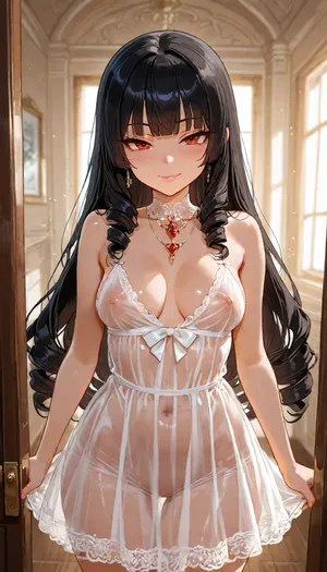 anime style, cute girl, (purity face:1.5), black long hair, (ringlet:1.3), blunt bangs, (round face:1.3), (tsurime), red eyes, big eyes, (naughty face), ((mischievous smile)), pink lips, glossy lips, petite, short stack, medium breast, perky breasts, standing, white see-through dress, slip nipple, <lora:add-detail-xl:1.2>, <lora:attractive_notrigger:1.2>, <lora:detailed_notrigger:1.2>, <lora:LCMTurboMix_Euler_A_fix:1.2>