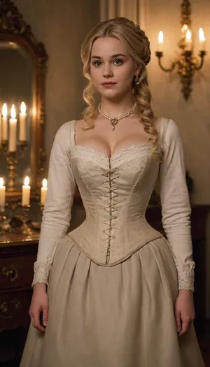 A charming 20-year-old blonde socialite in an 1850s wealthy European manor, standing in the candlelit dressing room of her family's grand estate. She has long blonde hair arranged in an elaborate fashionable mid-19th-century hairstyle, soft rounded facial features and a sweet, adorable expression.

She has a noticeably plus-size, very soft and generously rounded figure, including a large, prominent belly. She is in the process of getting dressed for an elegant evening gathering and is struggling with a traditional white whalebone corset. The corset is already around her waist, but she cannot quite fasten or lace it closed over her rounded belly. She looks mildly embarrassed and amused by the situation rather than distressed.

She wears a modest period undergarment beneath the corset, with a partially completed 1850s outfit waiting nearby, a voluminous skirt, petticoats, blouse and other elegant clothing pieces arranged around the room. Rich wooden furniture, an ornate dressing table, mirrors, folded fabrics and several glowing candles create a warm, luxurious atmosphere.

Highly detailed historical clothing and hairstyle, authentic 1850s interior design, realistic fabric textures, natural body proportions, soft candlelight, cinematic composition, photorealistic historical portrait, warm and elegant atmosphere., <lora:Chubby BBW - XL:2>