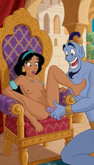 Hand-drawn Disney style cartoon characters a scene in the 1940's of the young small little Disney princess Jasmine in a huge Arabian Palace. She is sitting in a large and decorative Arabian style chair with her legs spread open to see her little vagina. She looks shocked and screaming scared. her little tits out. a blue genie is laughing and next to her chair with his big long blue genie cock out and it's going into her pussy, the genie is pushing his dick inside of her vagina. Cartoon eyes and exaggerated facal expressions, Cartoon illustration of the 1940's. side view.