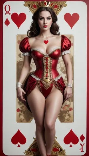 adaptation of a playing card game, Queen of Hearts card, sexualized full-body image of the woman depicted on the Queen of Hearts playing card