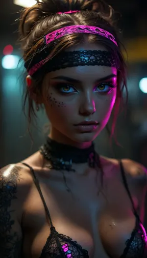 (extremely feminine robot, gorgeous cutie cyborg), (((incredibly young robotic hottie is mind controlled, extremely horny))), neon pink, black light, phosphorescent, (hair half up half down), (((neon lace))), (detailed face and eyes), (((mind controlled vacant eyes half closed:1.5))), (freckles), (dynamic light), (very sweaty incredibly tattooed metallic body), ((wearing a mind control headband over her hair and forehead:1.3)), (centered), (max detail), 32k, (34dd cleavage), ((perfect)), (((underground rave club))), secret, cyberpunk dance music, ((disco lights)), ((incredibly gigantic breast implants)), ((extreme breast expansion)), ((glistening wet tattooed skin)), ((robotic arms)), ambiance, facing camera, ((exhausted mind controlled android slut looking submissive at viewer)), front view, symmetrical, (younger cuter:1.2), but, <lora:attractive_notrigger:1.8>, <lora:BUT_SDXL_SHS:1.2>, <lora:Vivid Midjourney mimic - XL SDXL v2.0:1.2>, <lora:RMSDXL_Enhance:2>, <lora:dark:2>