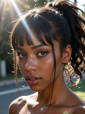 (experimental avant-garde artistic study of light and contrast), (striking of a 22yo woman's brilliant brown eyes), (surreal scene with intense hair-glow lighting, HDR lighting, light bloom, god rays, lens flare, afro american, hair with ponytail with bangs), (stray strands of hair framing her face), (outdoors daylight scene), (cinematic offset framing composition)