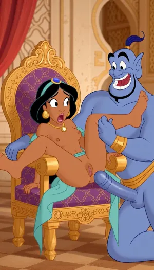 Hand-drawn Disney style cartoon characters a scene in the 1940's of the young small little Disney princess Jasmine in a huge Arabian Palace. She is sitting in a large and decorative Arabian style chair with her legs spread open to see her little vagina. She looks shocked and screaming scared. her little tits out. a blue genie is laughing next to her chair with his own big blue erect cock going into her asshole, the genie has his huge magic dick inside of her anal. Cartoon eyes and exaggerated facal expressions, Cartoon illustration of the 1940's. side view.