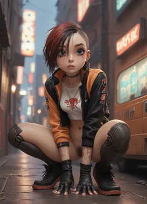 (Jack cayless art style), cyberpunk, half robot body, colored hair, sidecut haircut, multicolored clothes, cyberpunk clothes, squatting, trimmed pubes
