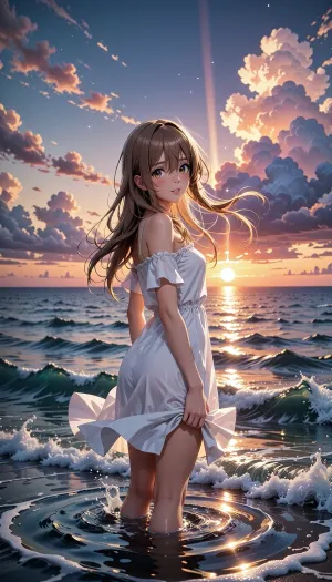 At the heart of the composition is a touching and aesthetically pleasing anime-style portrait of a young woman standing in shallow water at the edge of the boundless ocean, bathed in the rays of the setting sun. She is depicted in an elegant three-quarter view from behind, looking over her shoulder directly at the viewer with a gentle, nostalgic smile. She has large amber eyes and a faint blush. Her long hair flows beautifully in the sea breeze. A white dress with bare shoulders, thin straps, and short ruffled sleeves, her slender, graceful fingers hold the hem of the dress, lifting it to mid-thigh, her legs, up to the calves, are in the dark water, surrounded by concentric circles, fine spray, and the foam of an oncoming wave. An epic sunset sky in the style of Makoto Shinkai, massive cumulus clouds in shades of orange, pink, and purple, stars in the upper blue sky, the low sun on the horizon with a narrow vertical golden ray and a dazzling, sparkling trail across the waves.