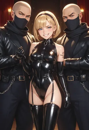 An image of Pets Tattoo, a man with a smug grin on his face, standing in front of three men wearing harnesses and leashes. Behind him is a woman dressed in black latex, her eyes burning with devotion as she looks up at him. The room they are in is dimly lit, casting shadows across their bodies and emphasizing the power dynamics at play.