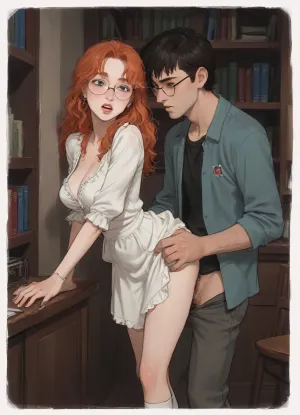 A beautiful, voluptuous young woman with very long, curly red hair styled in a large high bun, slender, and stunning, with a perfect, refined, delicate, and beautiful face and full, sensual lips, sensual, pouting lips, she is shouting with joy and pleasure, her cheeks flushed, (engaged in standing anal sex from behind with her boyfriend:1.8), wearing large glasses hairy pussy, one leg raised, (the man is fucking her with great enthusiasm:1.5), unbuttoned white blouse, slit skirt hiked up to her waist, thong pulled aside, high-laced stiletto sandals, beautiful round breasts spilling out of her neckline, boobs visibles, set in a bookstore, she is gripping a bookshelf tightly, (ratatatat74), 90s anime style, (bold outlines), (anime style), cartoon style, limited color palette, painterly style, illustration, created in Adobe Illustrator, no gradients, "Incase" style, concept art, retro, futuristic, flat colors, masterpiece, 90s Anime, (Outline), (cartoon), tooned, cartoon, low color palette, painted, made in adobe illustrator, incase style, ultra detailed, <lora:ratatatat74-000050:.9>, <lora:outline_xl_kohaku_delta_spv5x:.5>, <lora:cartoon_stickers_xl_v1:.6>, <lora:NEOTOKIOXL_0.2_RC:.4>