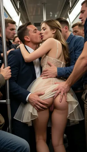 (((a view from below:1.3))), (upskirt), of a Russian girl in a beautiful thin sundress, in a subway car, surrounded by a crowd of tall, handsome men during a rush-hour trip, with men's hands tightly embracing her body, men lifting her sundress, a man touching her pussy, men molesting a gorgeous girl, exposed hairy pussy, (photo realism), group sex, kissing and hugging, intimate and passionate sex