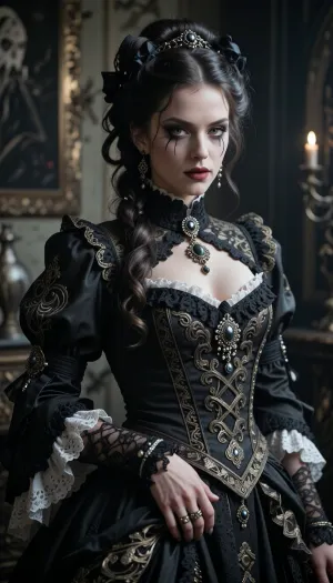 a high detail and photo realistic photograph of, full body, Victorian Goth, Inspired by the Victorian era, often featuring elaborate and ornate clothing makeup and hairstyles. she has ornate clothing and jewelry, life is like a funeral every day in this house, oppressive gloom, it makes it all the more tragic as she is so stunningly beautiful, she carries herself with a noble demeanor, though you find it hard to believe her scandalous reputation is deserved though she is in search of another husband her 6th, she is so delicate a highly feminine, she know her own mind and is not afraid to speak it, confident, demure, charming, though her eyes tell of a certain wicked ness, all it not as it seems with her, real life, photo realistic, volumetric lighting, realistic skin, realistic hair, realistic body, realistic pose, realistic eyes