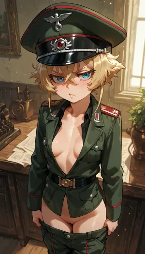 Youjo Senki, The Saga of Tanya the Evil, ((medium breast)), calm and focused, (young:1.6), anger, contempt, military uniform, an old military office, solo, full-length view, manicure, arrogant, pants are down, no bra, no panties