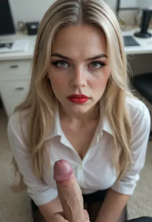 Cinematic still the viewer looks down at a disgusted girl kneeling before them. Blonde, very long hair, straight hair, dark brown eyes, heavy black eyeliner, heavy black eyeshadow. Cute little snub nose. Dark red lipstick. White office shirt. Black pantyhose., (((She's gazing up with big disgusted face))), . Their small thin cock is next to her cheek. The first-person perspective immerses the viewer. Luxury office background. 4k epic detail, shot on kodak, 35mm photo, sharp focus, high budget, cinemascope, moody, epic, gorgeous, film grain, grainy, score_9, score_8_up, score_7_up, rating, (smallest cock:1.7), (disgust:1.3), POV, kneeling, submissive, big_eyes, but, <lora:BUT_SDXL_SHS:.8>