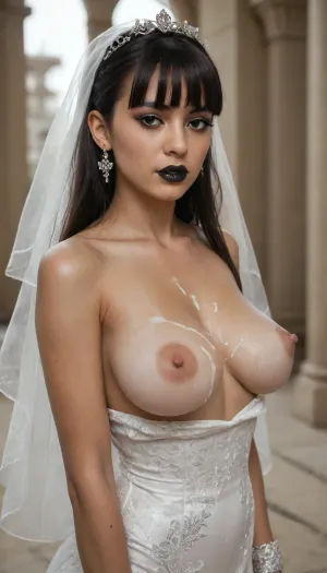 shallow depth of field, 85mm lens, ((18-year-old)), beautiful, athletic, (young), (Latina girl:1.6), ((black eye shadow with black lipstick)), ((blunt bangs brunette hair)), ((tight large breasts)), ((exposed breasts)), ((opulent bridal dress)), ((bridal veil)), ((cum on breasts)), ((Arabian harem bedroom)), direct eye contact, warm glow, cinematic atmosphere