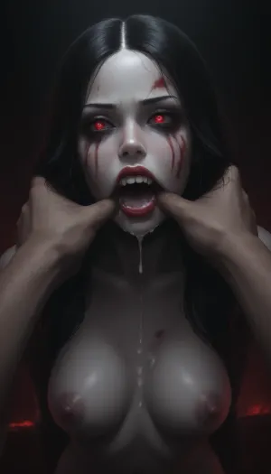 High resolution POV cartoon image of a sexy female vampire, slim body, pale white skin, extremely heavy black eye shadow, bright glowing red eyes, long straight black hair, long black sharp nails, fingers stained with lots of blood, fangs dripping blood, big blood stains around mouth, deep dark red lips, with an enormous dick deep in her throat, deepthroat, pushing head, gagging, embarrassed, ashamed, determined, bloodshot eyes, choking, puking huge amounts of cum, sticky gooey white cum, lots of white sticky gooey cum on face, face drenched in cum, strands of cum connecting mans balls to girls lips, huge amounts of cum on everything, more cum on face, cum dripping, cum on large naked tits, cum on dick, set by an old gothic lit fireplace in a black stone castle bedchamber, <lora:dark:1.2>