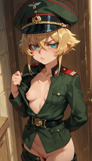 Youjo Senki, The Saga of Tanya the Evil, ((medium breast)), calm and focused, (young:1.6), anger, contempt, military uniform, an old military office, solo, full-length view, manicure, arrogant, pants are down, no bra, no panties