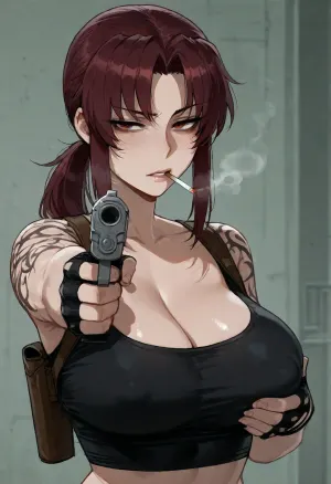 (Ratatatat74), (Revy from Black Lagoon, smoking, gun), sexy, looking at viewer, pointing gun at viewer, squeezing breast, <lora:ratatatat74-000050:.8>