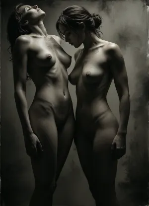 monochrome figurative watercolor painting on textured white cold pressed paper, intimate close cropped composition of two clearly adult human figures, busty woman, 28 years old, and, a man with erected veined penis, 32 years old, intertwined at extremely close range, bodies filling almost the entire vertical frame, unusual overhead and slightly oblique viewpoint, almost no environmental context, the composition built from overlapping torsos, shoulders, arms, hands and bent legs, one adult figure occupying the lower half of the image while the second figure enters strongly from the upper edge, faces largely outside the crop or obscured by the compressed arrangement, intimate physical proximity expressed through overlapping anatomy rather than explicit action, loose gestural anatomy with recognizable human proportions but deliberately unfinished contours, black watercolor and diluted India ink only, broad transparent gray washes, soft bleeding edges, irregular pools of pigment, granulation, blooms, backruns and visible water stains, darkest charcoal gray concentrated around overlapping limbs and deep anatomical shadows, large areas of untouched white paper functioning as highlights, almost no hard outlines, forms emerging from tonal masses, wet on wet transitions beside occasional dry brush accents, hands and fingers loosely indicated rather than meticulously rendered, spontaneous expressive brushwork, slightly distorted perspective characteristic of observational life drawing, strong contrast between pale skin shaped by diluted washes and dense near black shadow passages, subtle paper fibers visible throughout, handmade imperfect quality, contemporary expressive nude figure study, restrained museum sketchbook aesthetic, vertical portrait format, approximately 3 to 4 aspect ratio, no background objects, no decorative elements, every mark focused on gesture, weight, overlapping bodies and tonal rhythm, <lora:add-detail-xl:.7>, <lora:dark:.1>, <lora:MJ52:.7>, <lora:saturated_colors:1.5>, <lora:Sweaty_Realism_4-000006:1.4>