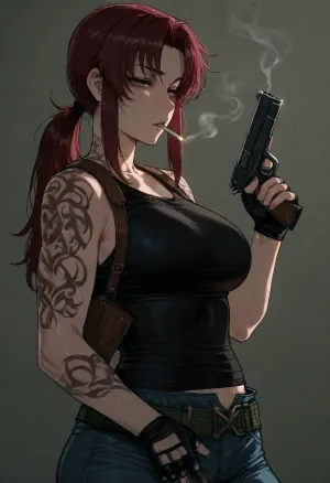 (Ratatatat74), (Revy from Black Lagoon, smoking, gun), simple background, <lora:ratatatat74-000050:.8>