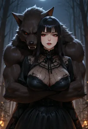 MILF, voluptuous, pale, black straight hair, gothic dress, dark red eyes, (vampire fangs:1.6), red lips, woods, night, werewolf, hugging from behind, full view