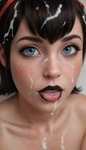 Mavis Hotel Transylvania, close-up, small breasts, short black hair, black makeup, black lips, (Mavis, Hotel Transylvania), realistic semen, (semen stream:1), semen in hair, (semen on face:1), bukkake, beautiful face, (semen in hair:1.3), semen, on, face