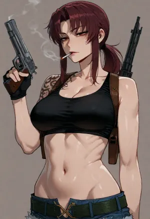 (Ratatatat74), (Revy from Black Lagoon, smoking, gun, sexy), simple background, <lora:ratatatat74-000050:.8>