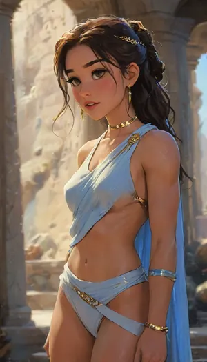 A cinematic, full-body portrait of a stunning woman Keiani Mabe, standing in a majestic sci-fi-fantasy setting that blends the world of Star Wars with ancient Greek aesthetics. Her face is radiant and expressive — oval-shaped with smooth, sun-kissed skin, high cheekbones, and a softly defined jawline. Her eyes are large, almond-shaped, and deep brown, glowing subtly with warm inner light, framed by thick lashes and gracefully arched brows. She wears subtle yet refined makeup, glowing skin, warm rose-toned blush, soft gold eyeshadow, and nude gloss on her full, well-shaped lips, curved into a charming, cute smile that radiates warmth and charisma.

Her hair is long, dark brown, and flowing in soft, wind-swept waves, with a few strands braided and adorned with tiny metallic charms and beads that reflect the ambient glow of distant stars. A delicate gold circlet with embedded kyber crystals rests on her forehead.

Her body is fit and sculpted — a blend of toned athleticism and graceful femininity. Her waist is narrow, abs faintly defined, and her hips curve into strong, muscular thighs that are confidently displayed. Her thighs are particularly prominent, smooth, powerful, and feminine, highlighted by dramatic lighting and the movement of her outfit. Her arms and legs show subtle muscle tone, not bulky but visibly trained.

She wears a sci-fi reimagining of a Greek toga an asymmetrical draped outfit made of shimmering semi-translucent fabrics and metallic-threaded cloth. One shoulder is bare, the toga cinched at her waist with a high-tech belt emitting a faint blue light. The fabric falls diagonally, partially revealing one thigh and part of her toned midriff, while maintaining elegance and mystique. Her footwear consists of sleek, futuristic sandals with faintly glowing soles. Armlets and earrings with intricate alien-Greek fusion designs complete the look.

The background is a Star Wars-style high temple on a distant planet marble spires fused with alien architecture, twin suns low on the horizon, soft blue and golden light casting cinematic shadows. A gentle breeze lifts the hem of her toga and hair, adding motion and drama. She stands confidently, a symbol of beauty, strength, and mystery in a galaxy far, far away., wet body, hanging gold on face choker neck arms body belly legs thighs feet jewelry, Keiani, perfect anatomy, <lora:Keiani [qqxoix18fe042faa5r222a]:2>, uberfit, muscular, athletic, <lora:uberfit_lora_sdxl:.6>, perfect anatomy, best quality, 8k, insane details, intricate details, hyperdetailed, hyper quality, ultra detailed, professional, HDR, ray tracing reflection, cinematic lighting, highlydetailedbody, realisticface, highlydetailedhair, perfectfingers, insanelydetailed, 8K.highdetailedskin, highresolution, (j_cartoon:1.5), Drawing, <lora:samdoesarts1.1-000030:.4>, <lora:J_cartoon:.3>, <lora:Animated_Concept:.4>