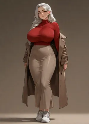 masterpiece, best quality, absurdres, newest, highres, very aesthetic, 1girl, solo, mature female, adult, very_long_hair, grey_hair, braid, brown_eyes, huge_breasts, wrinkled skin, wrinkles, old, elderly, narrow frame, flat stomach, sweater, red sweater, skirt, coat, sneakers, fully clothed, underwear under clothes, clothes over underwear, (black bra:.45), (black boyshorts:.45), (silk:.35), tattoo, piercing, scar, square jaw, thick eyebrows, button nose, sharp jaw, standing, full body, looking at viewer, simple background, soft lighting, detailed face, detailed eyes
