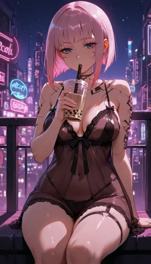 A cyberpunk girl in a futuristic, Sheer transparent babydoll, glow-in-the-dark tattoo, sitting on a terrace in a metropolis, drinking bubble tea, neon lights, flying cars.