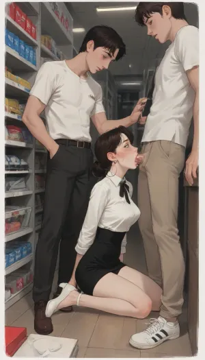 (deep, slobbery blowjob), 1 girl, 1 man, a man sits with legs spread on a chair trying on shoes in a shoe store, a sexy saleswoman kneeling between his thighs sucks him greedily, full lips, lipstick-smeared saliva, shoe store, shoeboxes on the floor, (ratatatat74), 90s anime style, (bold outlines), (anime style), cartoon style, rich color palette, painterly style, illustration, created in Adobe Illustrator, no gradients, "Incase" style, concept, retro, futuristic, flat colors, masterpiece, 90s Anime, (Outline), (cartoon), tooned, cartoon, low color palette, painted, made in adobe illustrator, incase style, ultra detailed, <lora:ratatatat74-000050:.9>, <lora:outline_xl_kohaku_delta_spv5x:.5>, <lora:cartoon_stickers_xl_v1:.6>, <lora:NEOTOKIOXL_0.2_RC:.4>