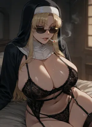 (Ratatatat74), (Eda from Black Lagoon, smoking, sunglasses, nun), lingerie, lounging, sultry, <lora:ratatatat74-000050:.8>