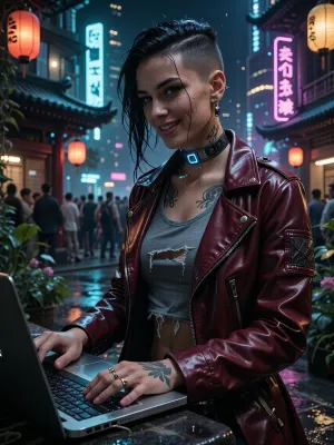 Ultra realistic. masterpiece, DSLR camera, best resolution, over detailed.
cyberpunk beautiful woman working on her laptop, at night, neon Japanese garden embedded in futuristic megalopolis composed of various floor-levels, glowing lanterns, arrogant and charismatic smile, vintage leather dark-red blazer with grey torn tshirt visible beneath, tattoos, side-shaved long black hair, cybernetic implant on neck, punk earing, cinematic reflections, moody lighting, wet hair, ultra detailed, sharp focus on hands and face. Wet surfaces on ground. Crowd in background.