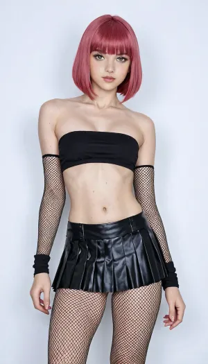 ​A portrait photograph of a young woman with a short pink bob with bangs, wearing a black strapless crop top, a black pleated mini-skirt, black fishnet arm warmers, and black fishnet tights, posing against a white room background. Diffused studio lighting, <lora:add-detail-xl:.8>