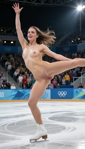 raw photo, 8k uhd, high quality, high resolution, ultra-detailed, professional photography, Ice arena, ice skating event at Olympic games, Biellmann spin, spectators, on the ice a 29 yo. figure skater woman completely naked, performs pirouette Billman in skates, smooth hairless pussy, Full-length view from afar, detailed vagina, exhibitionism, perfect hands, perfect fingers, 5 fingers, perfect face, perfect luscious lips, perfect teeth, perfect shiny eyes, perfect athletic legs, correct anatomy, body proportions, correction, pretty face, Billman, flying, spin, motion, spiral, dancing, on exhibition, raise arm, cinematic, spotlight, countless, crowd, wind, night