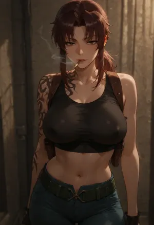 (Revy from Black Lagoon, smoking, aroused, nipple bulge), sexy, looking at viewer, teasing, midriff