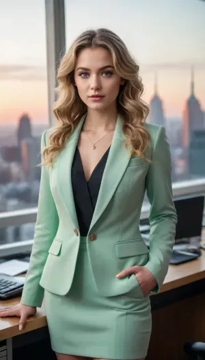 18-year-old European woman with long blonde curls, wearing a revealing business suit, masterpiece, best quality, high resolution, ultra-detailed, HDR, sharp focus, perfect lighting, vibrant colors, photo-realistic, high contrast, 8k wallpaper, elegant office setting, deep focus, cinematic composition.
Slender figure, large breasts, balanced proportions, standing pose, smooth fair skin, youthful appearance, subtle shadows enhancing body contours.
Face with soft features, bright green eyes, delicate eyebrows, light pink lips, natural makeup, confident expression.
Wearing a tight-fitting business jacket with deep neckline, no shirt underneath, form-fitting short skirt, black high heels, simple necklace, no glasses or headwear.
Standing next to a modern office desk, large windows in the background, city skyline visible, natural light coming through, slightly leaning on the desk.
Calm and confident, slightly seductive gaze directed at the viewer.