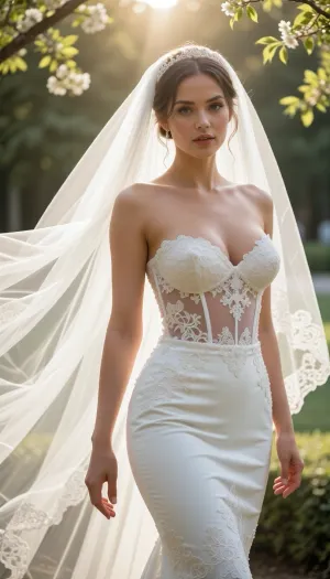 8k, score_9, score_8_up, score_7_up, FILM PHOTOGRAPHY STYLE, cinematic photography of a woman, professional portrait photo realism, Generate an image of A cinematic fashion editorial photography of a beautiful May bride. She is wearing an elegant white wedding dress and a long, flowing bridal veil fluttering dramatically in the gentle spring breeze. Bright sunny day, warm golden hour sunlight filtering through fresh green spring leaves, soft focus. and romantic atmosphere, Stunning full Body, Squeezing Massive Cleavage, Transparent Corset, lingerieLook, tight Fitting Wedding Dress, Sexy Bride Ai, hyper-realistic, 8k resolution, photorealistic, intricate lace details on the dress, full body view