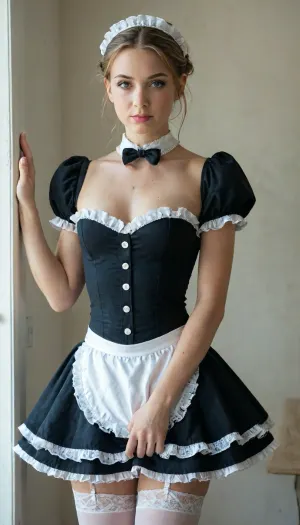 8k, max quality, femboyman1, thick thighs, face like Malena's from "Malena", man chested, crossdressing, sexy full lips, sexy makeup, bubble butt, flaccid penis, looking at viewer, super model pose, beautiful lighting, quality linework, high resolution, flat chested, Victorian maid, <lora:flat_chested_v3.5:2>, ultra realistic details, soft shadows, professional even lighting, colorful scene