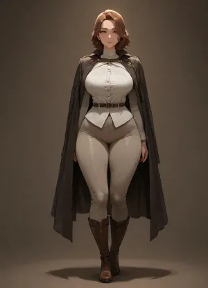 masterpiece, best quality, absurdres, newest, highres, very aesthetic, 1girl, solo, mature female, adult, short_hair, curly_hair, brown_hair, hazel_eyes, medium_breasts, pubic_hair, shirt, pants, cloak, boots, scar, wide face, clothes over underwear, (black lingerie:.45), (black slip:.45), (wool:.35), fully clothed, underwear under clothes, standing, full body, looking at viewer, simple background, soft lighting, detailed face, detailed eyes
