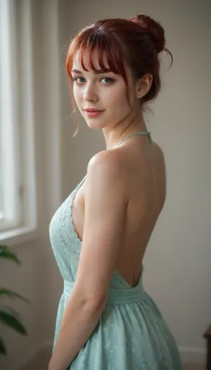 4K. Ultrarealistic, a young overwight irsh woman with red hair tied in a low, elegant bun with wispy bangs, wearing a light green satin halter dress. She turns her upper body slightly away from the camera and looks back over her shoulder with a bright, charming smile. 32 f cups. Relaxed backstage atmosphere, soft studio lighting, natural skin texture, realistic hair details, candid beauty, medium shot focused on the model, shallow depth of field, vertical composition.