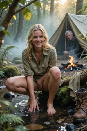 ultra photorealistic cinematic masterpiece outdoor photography, adult woman 25 years old, breathtakingly beautiful blonde female scout dominating the foreground of a remote forest clearing at first light, fixed eye level viewpoint, 35 mm full frame photography, close full body composition, viewed through soft out of focus hazelnut twigs and leaves framing the edges, creating depth and a hidden view through foliage, she is unmistakably barefoot, both bare feet planted in the shallow stream, practical morning washing after camping overnight, non sexual documentary realism, she squats ankle deep in cold moving water, knees naturally opened for balance, torso leaning slightly forward, one hand washing her intimate area while palm and fingers completely obscure the groin from camera view, no intimate anatomy visible, other hand supporting her balance, she looks directly through the leaves toward the viewer with a warm winning inviting smile, eye contact and friendly expression, naturally tousled blonde hair with damp strands glowing in backlight, detailed eyebrows, eyelashes, pale blue gray eyes, natural lips, freckles, realistic pores, cool water droplets across cheeks, neck, shoulders and arms, nude except for an open khaki scout shirt hanging loosely around her torso, softly wrinkled damp fabric, sleeves rolled, cool blue gray dawn shadows contrasted by warm golden sunlight filtering through dense trees, thin ground fog among moss covered roots, ferns and rocks, rich natural greens, warm highlights, deep blacks, strong local microcontrast, subtle analog grain, slightly underexposed rendering, on a mossy rock beside the stream stand her brown leather hiking boots, clearly removed, creased leather, scratched toe caps and laces, her long khaki hiking trousers and underwear draped over a low tree branch to keep them clean and dry, behind her stands a weathered canvas tent, several meters to one side lies a burned down campfire on a separate bare patch of earth, away from the tent entrance, gray ash, blackened stones, charred wood and faint smoke, crystal clear water with realistic reflections and submerged pebbles, in the background a 55 year old man peers sleepily from the dark tent entrance, only his friendly face visible, long gray hair, wild unkempt beard, body hidden in shadow, subtle second glance detail, razor sharp subject detail, gradual atmospheric falloff, tactile realism, premium editorial quality