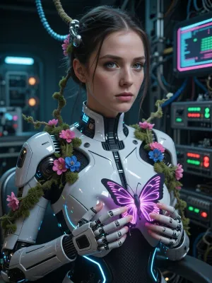 A masterpiece, of the highest quality, with ultra-high detail—a sci-fi scene in the cyberpunk style, (medium shot), showcasing the character and her technological surroundings. A cyborg girl whose mechanisms have been infiltrated by spores from a climbing plant. She has incredibly expressive, beautiful eyes with a deep, pensive gaze. Body design, a complex cybernetic suit. Her chest and torso are elegantly clad in a highly detailed, glossy-white armored cybernetic exoskeleton with ribbed inserts made of black flexible polymer and a dark ventilation mesh beneath the chest plate, featuring glowing blue elements and lines of force. From the joints of her cybernetic shoulder joints, climbing vines with pink and blue flowers and green moss have sprouted, beautifully intertwining around her mechanical shoulders. She sits in the operator’s chair, her back perfectly straight, her elbows resting on the armrests. In her mechanical hands—which have organic, human-like upper phalanges—she gently holds a glowing bioluminescent butterfly that emits a soft neon pink-and-purple glow, casting realistic reflections onto her fingers and chest armor plate. Setting, In the background, a high-tech server room, clearly visible are server racks with flashing green and red LEDs, a glowing terminal screen, and thick cables. Volumetric lighting, deep soft shadows, and slight bokeh.