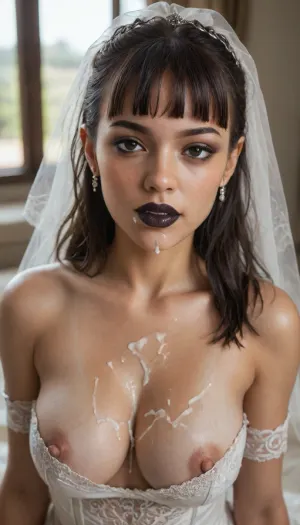 shallow depth of field, 85mm lens, ((18-year-old)), beautiful, athletic, (young), (Latina girl:1.6), ((black eye shadow with black lipstick)), ((blunt bangs brunette hair)), ((tight large breasts)), ((opulent bridal dress)), ((bridal veil)), ((cum on breasts)), ((cum on face)), ((cum in mouth)), ((Arabian harem bedroom)), direct eye contact, warm glow, cinematic atmosphere