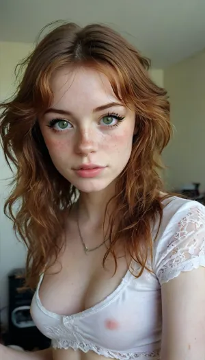 (the style of 1990's Polaroid flash:1), score_9, score_8_up, score_7_up, amateur selfie, younger girl, (messy ginger hair:1), (deep-green eyes:1), (28c breast size:1), freckles everywhere, tight and firm, 18 years old girl, very slim girl, Best quality, realistic, slim waist, nice perky firm round fake tits, firm round breasts, Looking at the camera, (toned abs:1.3), flat midriff, visible ribs, toned pelvis, freckles, fresh face, (freckled face:1), shy look, pale, very petite girl, very detailed, POV from slightly above looking slightly down, 19year old emo with very sexy and very firm boobs, (small erect nipples:1), tiny areolas, (Dainty little emo girl), very busty, gorgeous emo girl wearing snug clothing accentuating her chest, snug shirt that gives her nice cleavage, extremely sexual curves, tiny waist, tight waist, microwaist, silicone tits, skinny and lean physique. Sensual Emo female body. Long messy ginger hair framing a cute freckled face, very long curly hair, freckled face, freckled cheeks, beautiful freckles. Her eyes are an envious green, Tshirt that has lace sleeves, early 2000's emo attire, wearing emo clothing from the early 2000's, ripped skinny jeans, low-rise skinny jeans, full length skinny jeans. Dynamic lighting, natural lighting, key light, side light, early 2000's Myspace profile pic selfie, kissy face selfie, standing up, good posture. score_10_up, score_9_up, score_7_up., hannahowoxl, <lora:add-detail-xl:2>, <lora:MJ52:2>, <lora:WildcardX-XL-Detail-Enhancer:2>, <lora:Adjust_SDXL_v3.0:2>, <lora:HannahXL:2>