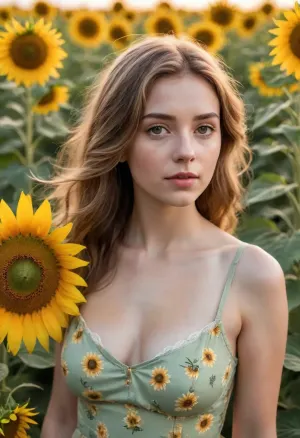 A young European woman, massive breasts, fair skin, delicate features, hazel hair—slightly wavy, past her shoulders, worn loose. Her eyes are finely detailed, and her gaze is calm. Clothing, a light summer sundress with narrow straps, a white background printed with large flowers and green foliage. In the foreground, a large sunflower with bright yellow petals and a brownish-green center covers part of her torso. Behind the girl is a field of blooming sunflowers stretching to the horizon, with a distant row of trees. Golden hour, the sun is low, casting warm highlights on her hair and skin, with soft side lighting. A realistic photograph with a cinematic, warm tone and high detail in the leaves and petals.