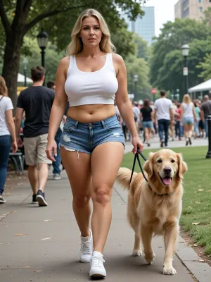 woman, 42 years old, (very busty:1.8), (chubby:1.4), very beautiful, white sleeveless tank top, very tiny denim shorts leaving ass cheeks exposed, white sneakers, walking golden retriever in a busy public park, masterpiece, photorealistic