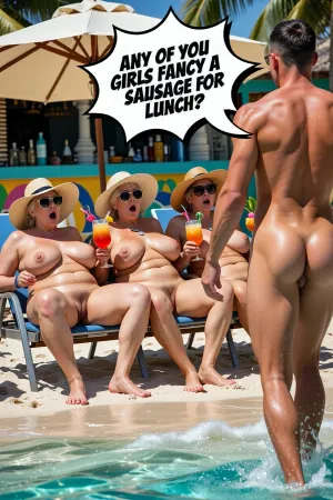 Hyper-realistic, 8k UHD, masterpiece, sharp focus, highly detailed, three diverse overweight naked grannies sunbathing on beach loungers, massive breasts, visible pubic hair, wearing different wide-brimmed straw hats and stylish sunglasses, lounging under a large beach umbrella, holding vibrant colorful cocktails, expressions of shock, looking intensely at the crotch of the man approaching them, in the foreground a muscular naked man walking out of the ocean surf toward them, rear view, focus on muscular glutes, tropical beach setting, colorful beach bar in background, turquoise water, white powdery sand, bright cinematic sunlight, vivid tropical colors, depth of field, a large comic-style speech bubble pointing from the man saying “Any of you girls fancy a Sausage for lunch?”, photorealistic skin textures, sweat beads, salt water droplets, professional photography.