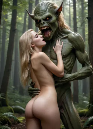 Uber realistic, perfect illumination, (best shadow), 8K, UHD, sharp image, (best illumination), best quality, ultra-detailed, fine detail, highres, 8k wallpaper, masterpiece, high definition, pale young slim nude 18 year old blonde girl with straight long hair is hugging a goblin monster with a large erect dripping penis. The monster is licking her body. The monster is touching her body. The background is a forest.